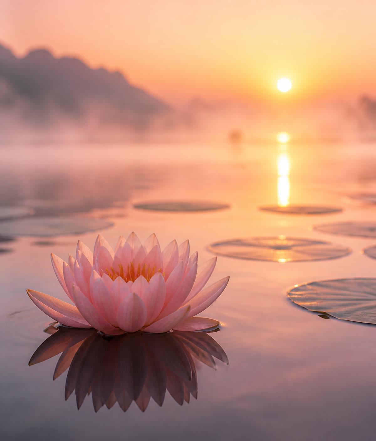 Fleur de lotus rose posée sur une eau calme au lever du soleil